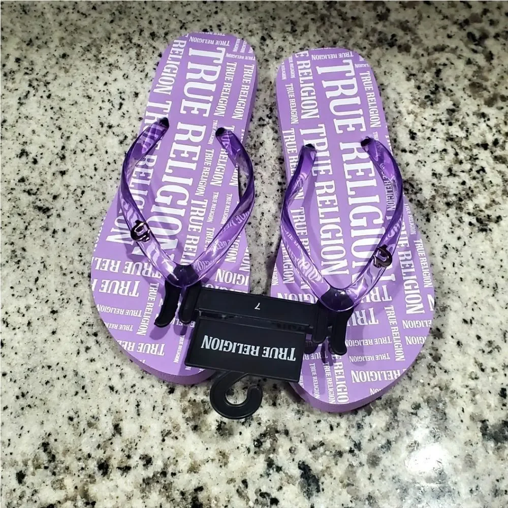 True Religion Womens Malaya Purple Logo Print Flip Flops Sandals Size 7 New